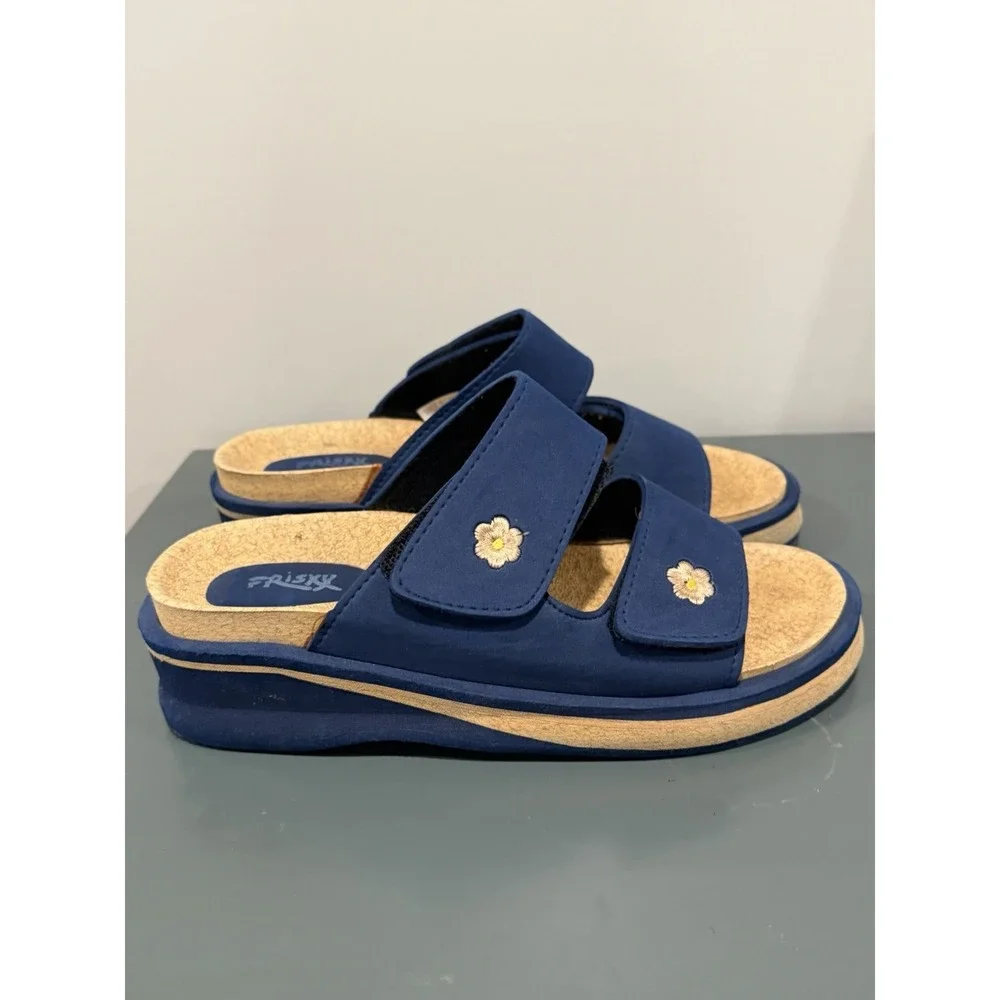 Frisky Blue Floral Slip On Sandal Adjustable Strap Platform Slides Women 9.5
